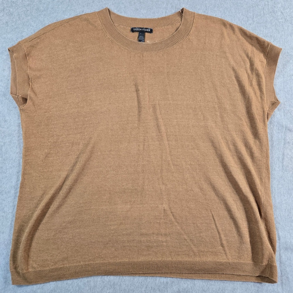 Eileen Fisher Organic Linen Cotton Knit Cap Sleeve Sweater Top Brown XS